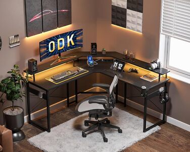 Ігровий стіл ODK з LED-підсвіткою, 2 розетками та 2 USB, кутовий комп'ютерний стіл з великою полицею для монітора, чорний