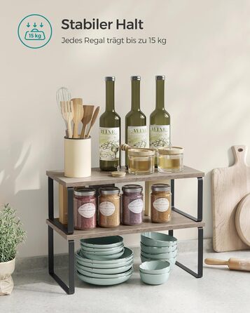 SONGMICS Spice Rack, 4-Piece Set, Kitchen Shelf, Kitchen Organizer, Expandable, Spice Holder, Stackable, with Metal Frame, 19.5 x 29.7 x 15.8 cm, Ink Black + Natural Beige KCS10NB (Ink Black + Greige Melange, 39.7B cm)