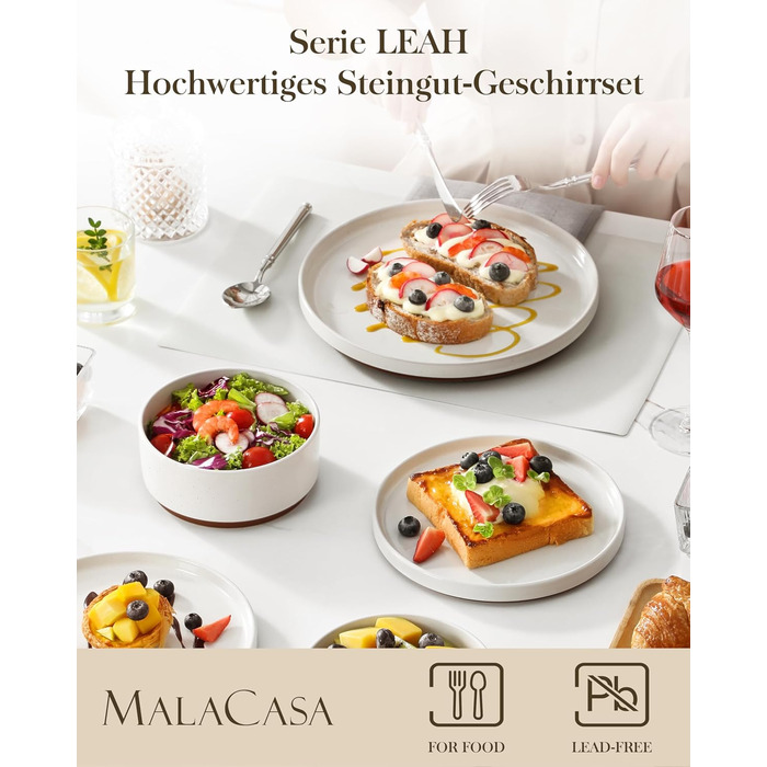 MALACASA Набір посуду з каменю 6 осіб, 18 предметів: тарілки, миски, супи, кераміка, білий з коричневим, посуд для сервірування столу