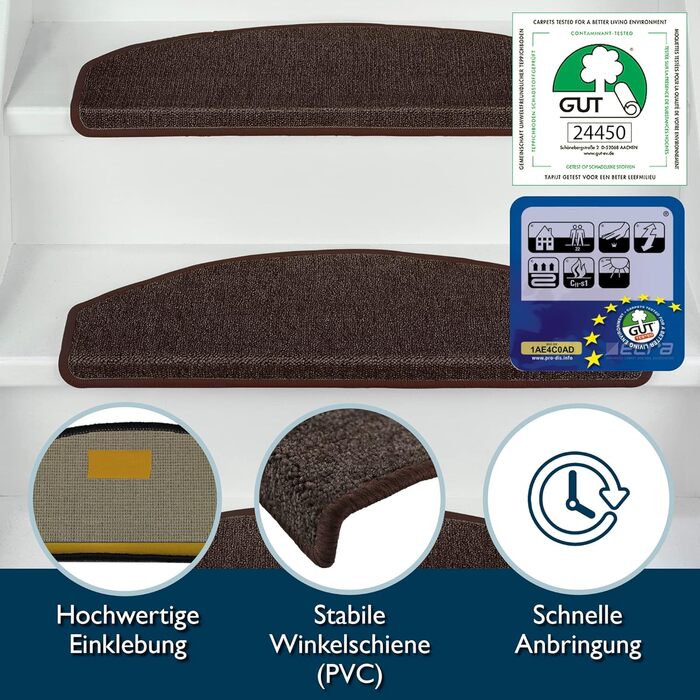 Beautissu Non-Slip Stair Treads - 55x15 cm - 15 Pack - Self-Adhesive Indoor Stair Mats - Carpet Stair Treads for Narrow Stairs - ProStair - Dark Brown