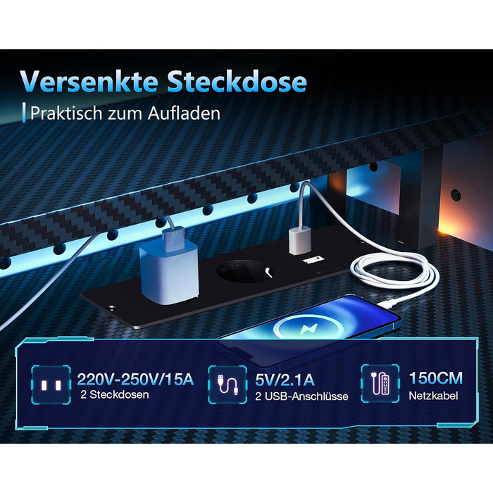 Ігровий стіл Coleshome з шухлядами, 151x50 см, з LED-підсвічуванням та розеткою, стіл для комп'ютера з полицями та підставкою для монітора, карбонове волокно, чорний