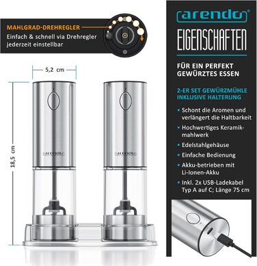 Електричні млини для спецій Arendo – набір з солі та перцю, нержавіюча сталь, керамічний механізм, LED-підсвічування, акумулятор, щітка та воронка