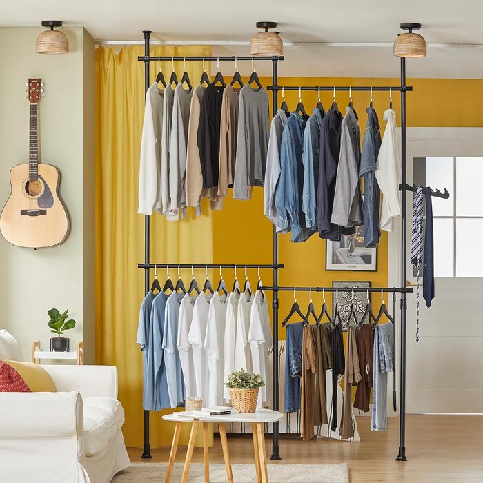 SoBuy KLS03-SCH Clothes Rack Coat Stand with 4 Clothes Rails Telescopic Wardrobe System Adjustable Shelf System black Bra approx. 124-226x200-285cm