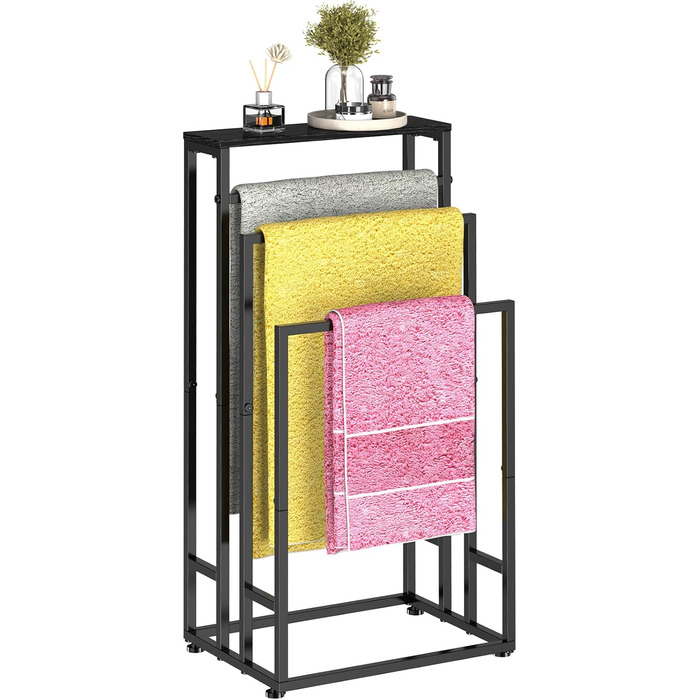 Підставка для рушників стояча, 3-ярусна з полицею з дерева, металева з регульованими ніжками, для ванної кімнати та спальні, 40x30x82 см, чорна