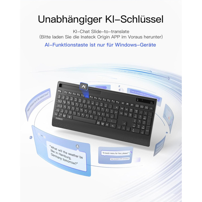 Inateck Бездротовий Комплект Клавіатури та Миші з Підсвічуванням, QWERTZ, з Підтримкою Bluetooth, з Підкладкою під Руку, для Mac, Windows, Laptop, PC, Smart TV, KB06006