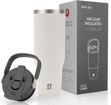 Термокружка-термос Riley Joy 1л з нержавіючої сталі з трубочкою та ручкою - для напоїв на винос, миється в посудомийній машині, не протікає, білий