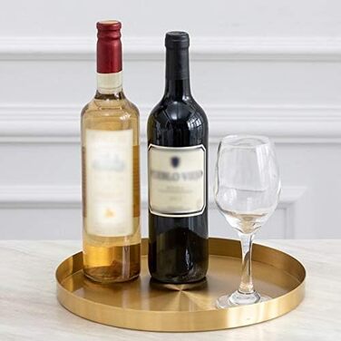 DOKOT Round Stainless Steel Serving Tray Gold, Jewelry and Makeup Organizer/Candle Tray Gold (32 cm)