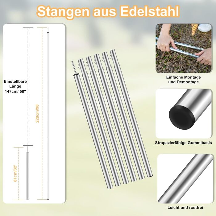 Тент для кемпінгу WADEO, 4x3 м, водонепроникний, з кілочками та стяжками, для пікніків та відпочинку на природі - Хакі (3,6м x 4,8м, Сірий)