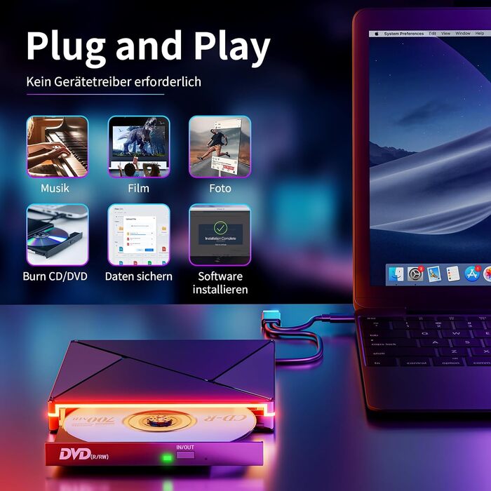 Зовнішній CD/DVD привід USB 3.0 та USB-C, оптичний накопичувач CD/DVD +/-RW ROM Brenner з RGB підсвіткою для ноутбука, ПК, MacBook, Windows та MacOS