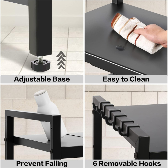 Підставка для мікрохвильової печі Todeco, 2-ярусна, чорна, з 6 гачками, регульована (36-60) x 36 x 44 см, до 25 кг