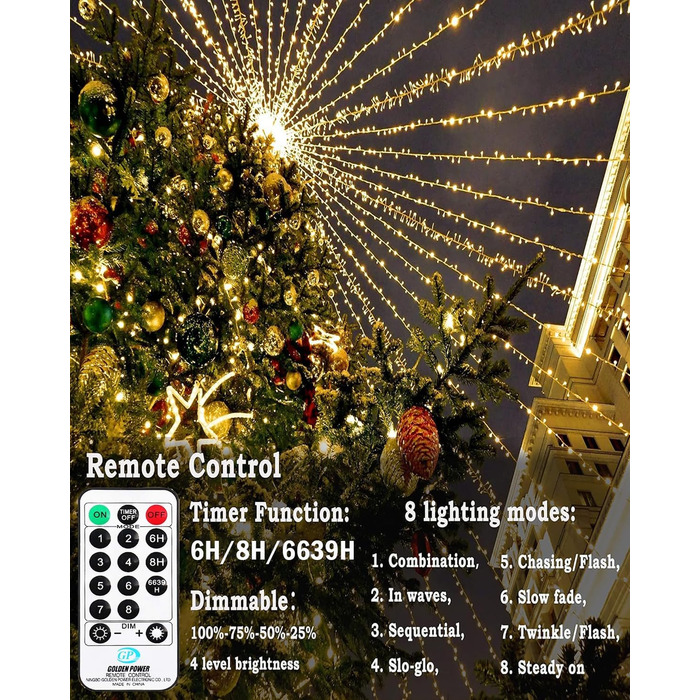LED гірлянда на батарейках для зовнішнього використання, 100 LED, з пультом дистанційного керування, таймером, 8 режимів, IP65, вологостійка, для декорування саду, вечірки, весілля, Різдва, тепле біле світло (50м)
