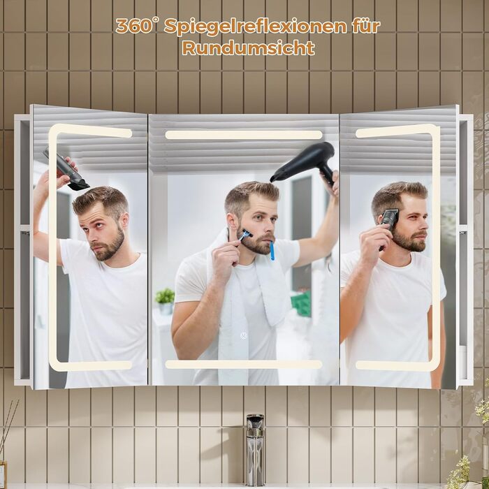 Дзеркало для ванної кімнати зі світлодіодним підсвічуванням, розеткою та 3 колірними температурами | Шафка для ванної кімнати 60x90x16 см (ВxШxГ), диммер + сенсорне управління | Біла шафка-дзеркало для ванної кімнати з 3 регульованими полицями та дзеркало