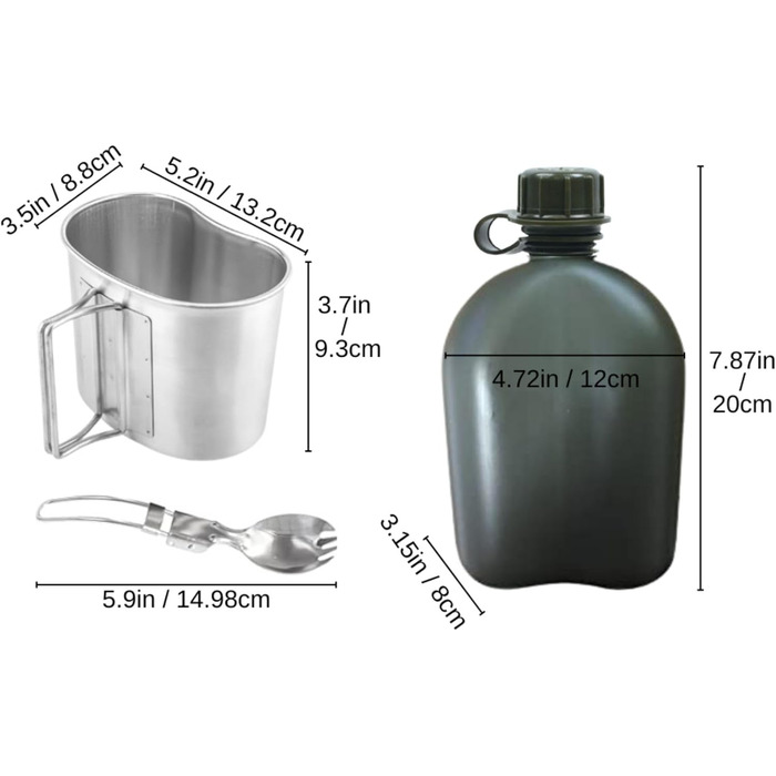 Military Mess Kit, Aluminum Cup Set with Lid and Folding Stainless Steel Spoon/Fork for Hiking Camping, 1 Quart Green