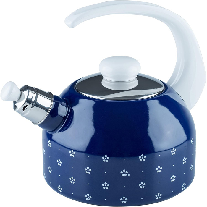 Riess, 0543-073, Whistling Kettle Plus, COUNTRY - DIRNDL, Diameter 18 cm, Height 21.7 cm, Capacity 2 liters, Enamel, Triple-enameled, blue/white, Induction 2 liters Floral Blue
