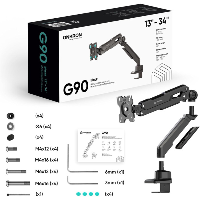 Кронштейн для монітора ONKRON G90-B, 13-34 дюйми, до 10 кг, VESA 100x100, настільний