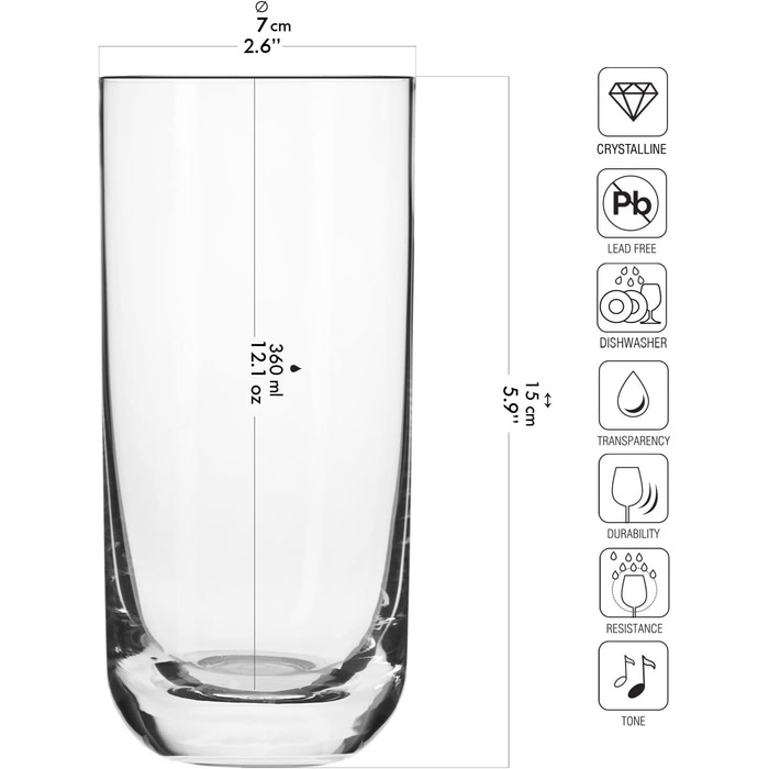 Krosno Long Drink Glasses, Water Glasses, Drinking Glasses | Set of 6 | 360 ML | Glamour Collection | Perfect for Home, Restaurants, and Parties | Dishwasher Safe