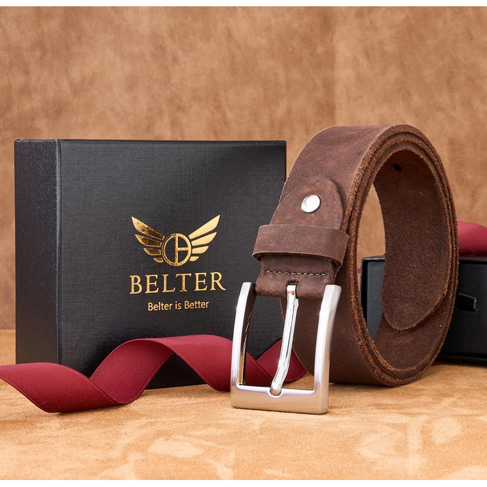 Чоловічий шкіряний ремінь BELTER 38 мм з подарунковою коробкою. Підходить для талії 32W-35W (довжина 105 см). Колір: коричневий