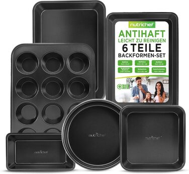 Набір форм для випічки NutriChef 6 шт. – Чорний антипригарний набір: дека, форми для запікання та кексів. Підходить для хліба, маффінів та лазаньї. Миється в посудомийній машині, витримує до 230°C, зручне зберігання.