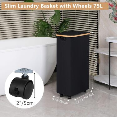iEGrow Laundry Basket with Lid 75L, Narrow Laundry Baskets with Removable and Washable Inner Pocket, Laundry Hamper with Wheels, Foldable Laundry Baskets for Laundry Room, Bedroom, Bathroom (Black)
