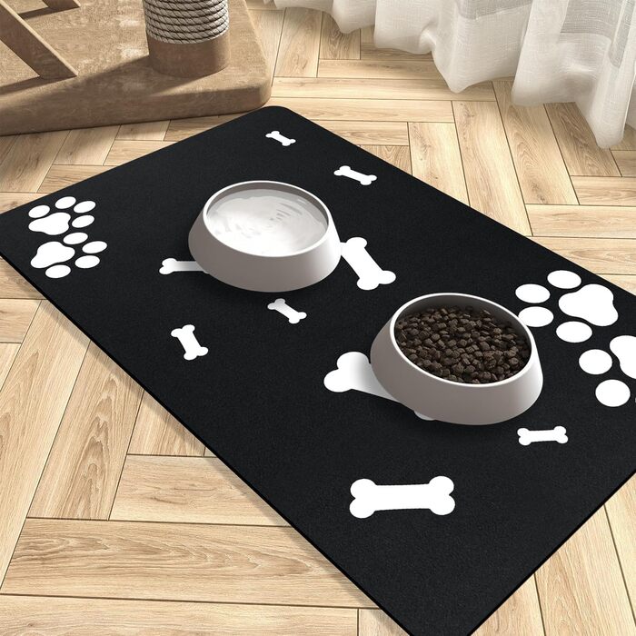 Килимок для годування домашніх тварин, надпоглинувач, для собак та котів, з антиковзким гумовим дном, швидковисихаючий, можна прати, 40 x 60 см, 2 пари малюнків лап, чистий чорний кістяний візерунок