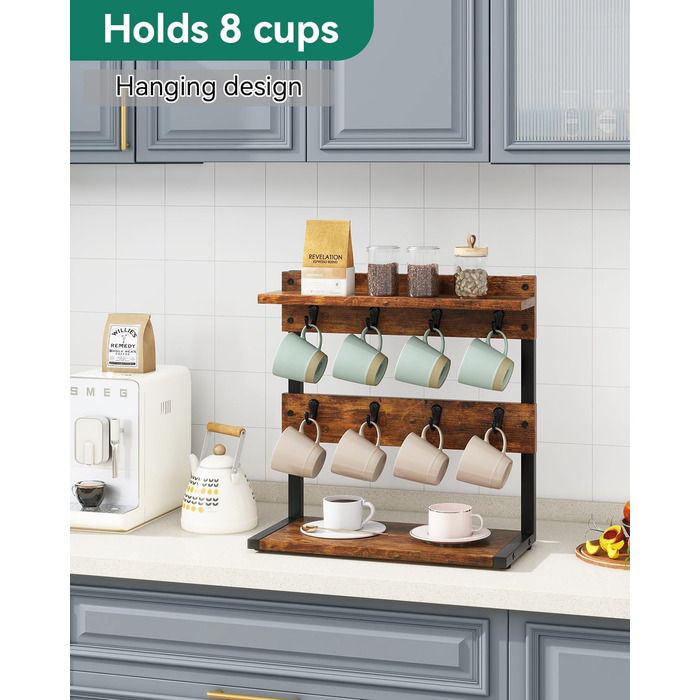 Vintage Mug Holder with 8 Hooks, Coffee Cup Holder for Kitchen Countertop, Cup Stand with Storage Bottom, for Kitchen Dining Room Cafe 40 x 15 x 40 cm, Vintage Brown TBJ002H
