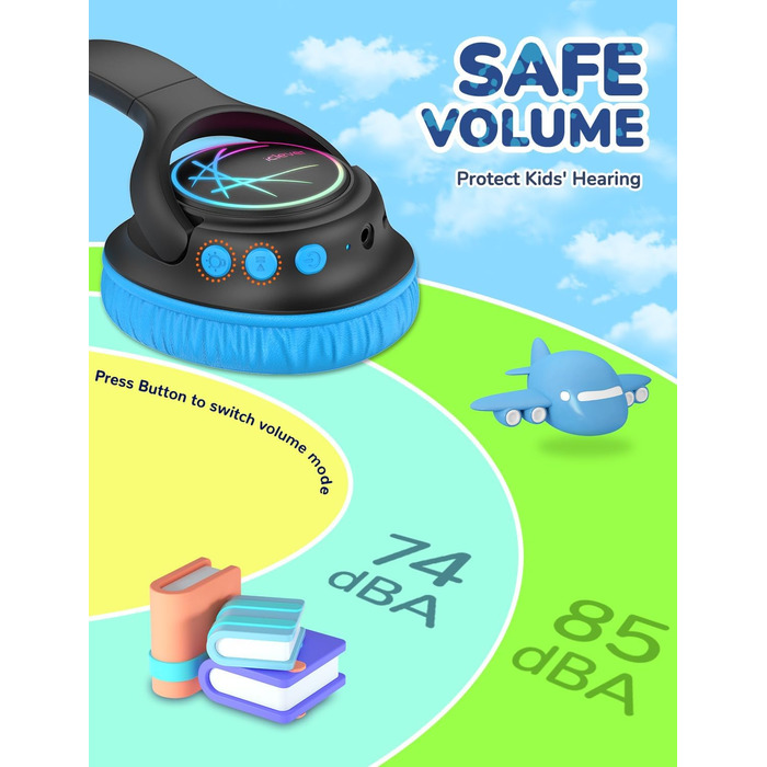 iClever Бездротові навушники для дітей з LED-підсвіткою, обмеження гучності 74/85дБ, 43 години роботи, стерео звук, Type-C, AUX-кабель, Bluetooth 5.3, для планшетів/подорожей (Чорний та фіолетовий)