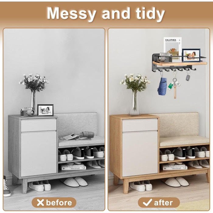 Дерев'яне ключове дошка JiangLin з полицею, декоративний тримач для ключів, настінна організація для ключів з 7 гачками, для входу, коридору, вітальні, чорний