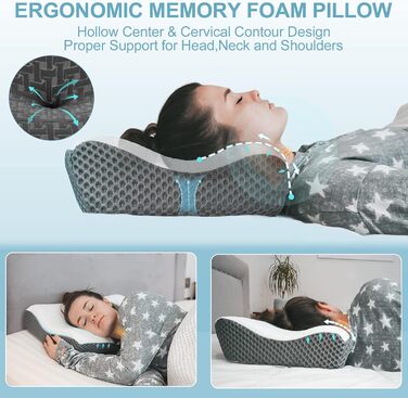Elviros Orthopedic Pillow, Memory Foam Ergonomic Neck Support Pillow, Neck Pillow Head Pillow Neck Pain, Side Sleeper Pillow Stomach Sleeper Pillow, with Cover, Dark Grey