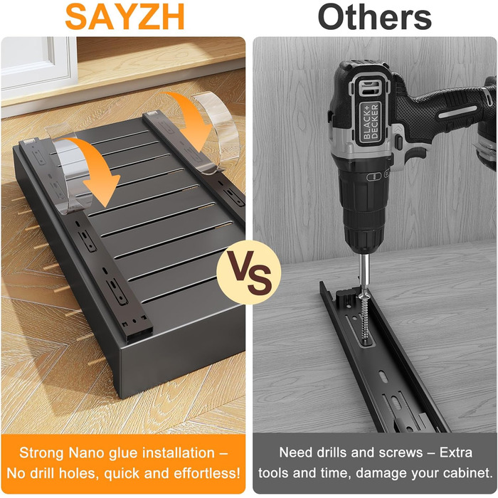 SAYZH Telescopic Drawer, Extendable Drawer Storage Shelves for Kitchen Cabinets, Extendable Pull-Out Drawer (43 Depth x 25 Width x 9 Height cm), No Drilling and Nailing Required