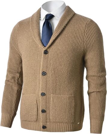 Чоловічий в'язаний кардиган з коміром-шарфом, візерунок 