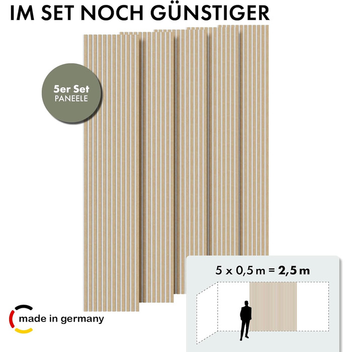 Акустична панель Momento з натурального дуба 240x50 см, білий фетр — декоративна 3D стінова панель-ламель для інтер'єру, Made in Germany