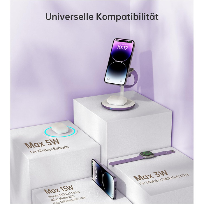 3-в-1 Бездротова Зарядка для Багатьох Пристроїв: iPhone, iWatch, AirPods (15W, MagSafe, Lila)
