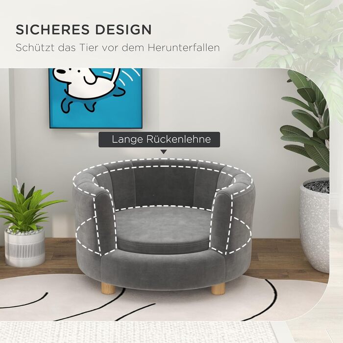 Диван для собак PawHut, сірий, знімний чохол, для маленьких собак до 4,5 кг, з підлокітниками та дерев'яними ніжками