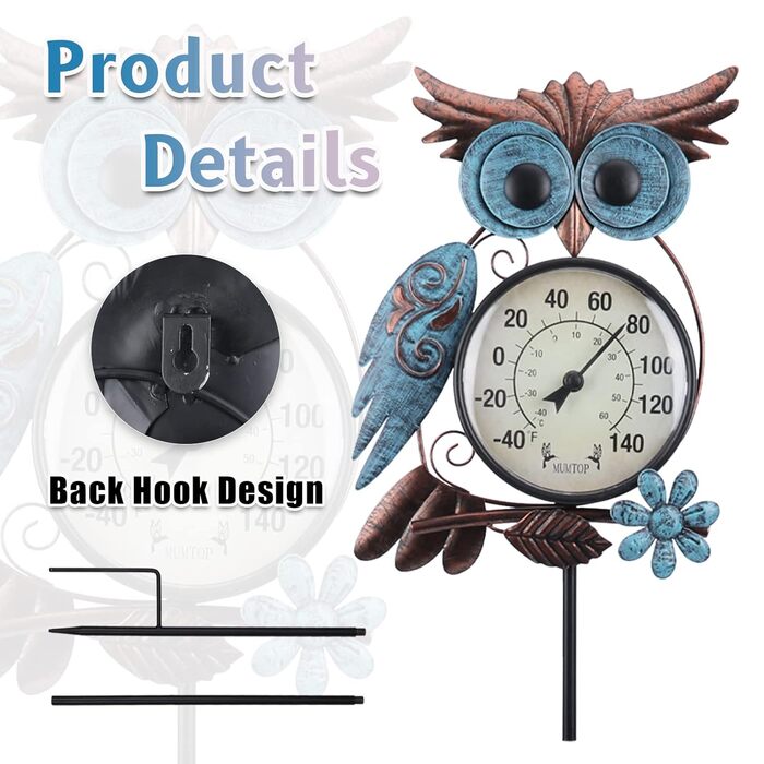 MUMTOP Outdoor Thermometer, 42 inch Metal Owl Garden Stake Outdoor Wall Thermometer for Patio, Yard and Garden