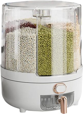 Rotating Food Dispenser – 360 Degree Rotating Dry Food Container, Transparent 6-Compartment Grain Dispenser | Sealed Rice Storage Container with Removable Lid, Storage