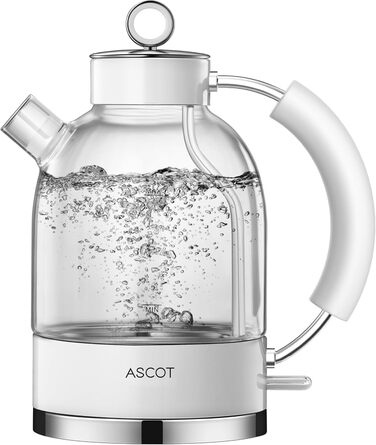 Електричний чайник ASCOT з боросилікатного скла, 2200W, 1.5L, без BPA, тихий, з функцією захисту від сухого кипіння та автоматичним вимкненням, білий
