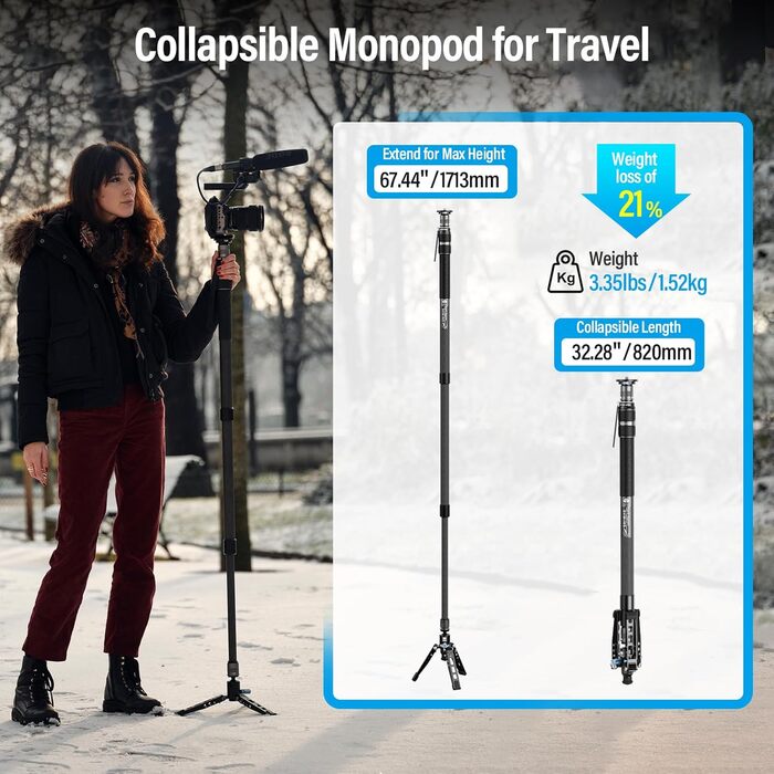 Штатив-монопод SIRUI SVM-165 з вуглецевого волокна | 165 см, професійний, 3-в-1, вантажопідйомність 10 кг, швидка заміна, для DSLR та відео