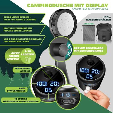 Сонячний душ KESSER® з насосом та акумулятором 8000mAh. Комплект для кемпінгу: 20л бак, регульована лійка, шланг 2м, пістолет-розпилювач, кріплення. Чорний колір.