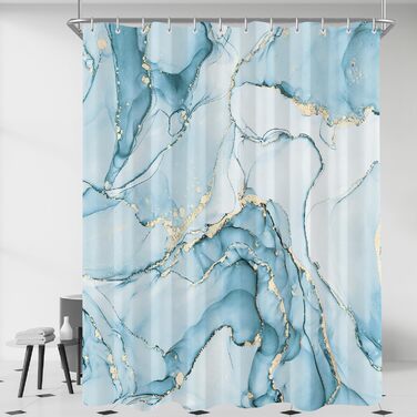 Штора для ванної кімнати 180x200 см, антигрибкова, водовідштовхувальна, поліестер, з кільцями (Світло-блакитний мармур)