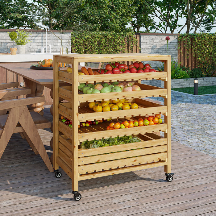 Outsunny Fruit and Vegetable Stand with Wheels, 5-Tier Vegetable Rack, Fruit Basket Stand for Vegetables up to 20 kg, Fir Wood, Natural