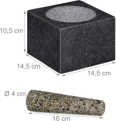 Ступка гранітна Relaxdays з товкачиком, 500 мл, для спецій та трав, полірована, темно-сіра (14,5x14,5 см)