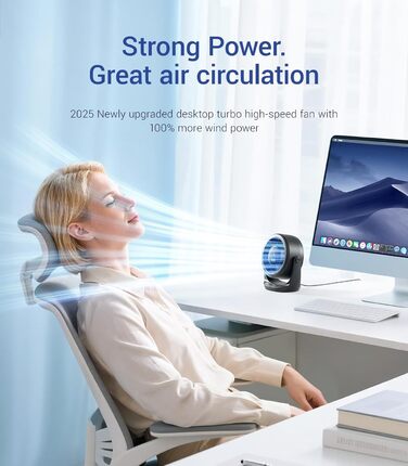 USB Turbo вентилятор для столу Diveblues TurboBreeze Klassisch: тихий, потужний, з LED-дисплеєм, 5 швидкостей, 360° обертання, портативний для дому, офісу та відпочинку – чорний