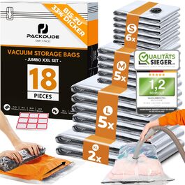Вакуумні пакети для одягу PACKDUDE, набір 18 шт: 8 для пилососа, 10 для скручування, маленькі та великі, без клапана