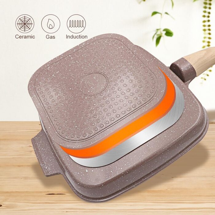 Гриль-сковорода з кришкою 26x24 см з керамічним антипригарним покриттям, знімною ручкою (Коричнева)