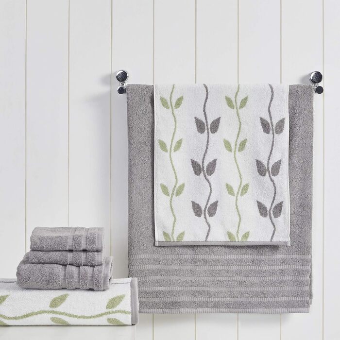 Amrapur Overseas Modern Threads Towel Set, 6-Piece, Dyed, Bio-Leaf Pattern, Jacquard/Solid, Ultra-Soft, 500 g/m², 100% Combed Cotton, Ash Grey