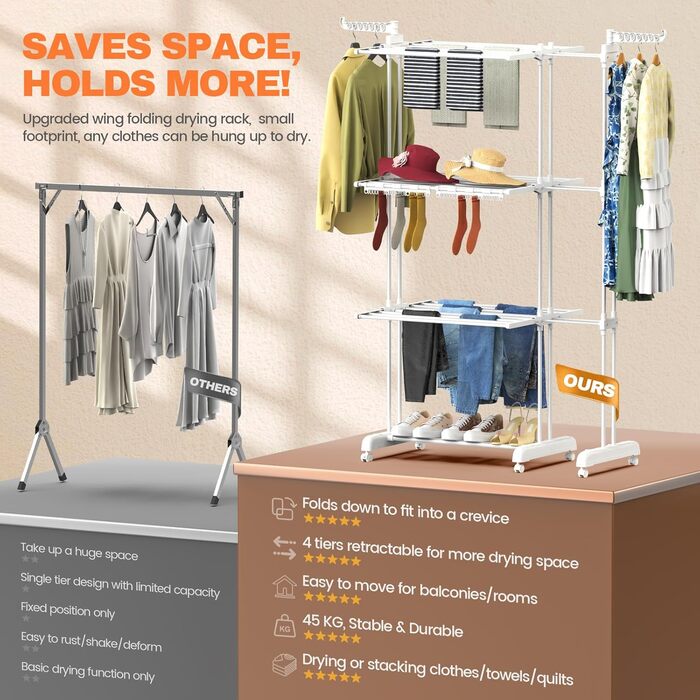 Сушарка для білизни Huracan 2в1: тур, розкладна, висувна, 3 яруси, з тримачами для шкарпеток та білизни (біла)