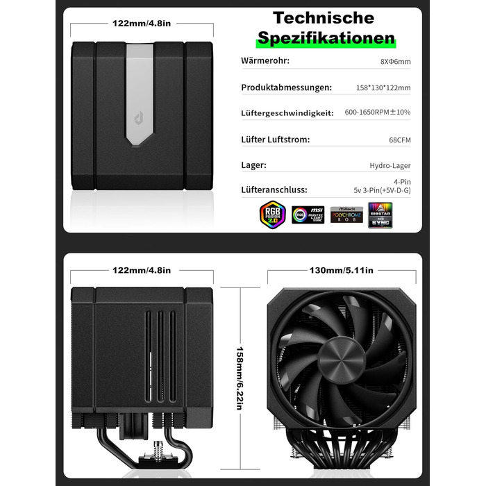upHere Охолоджувач процесора up2KC8 з RGB підсвічуванням, подвійна вежа, 8 теплових трубок, 120мм вентилятор, сумісний з AMD AM4/AM5 та Intel 2011/2066
