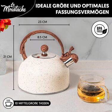 Чайник La Moustache Induktion: 2,5 л, 10 чашок, з нержавіючої сталі, з термостійким ручками та кришкою, для всіх плит (Бежевий)