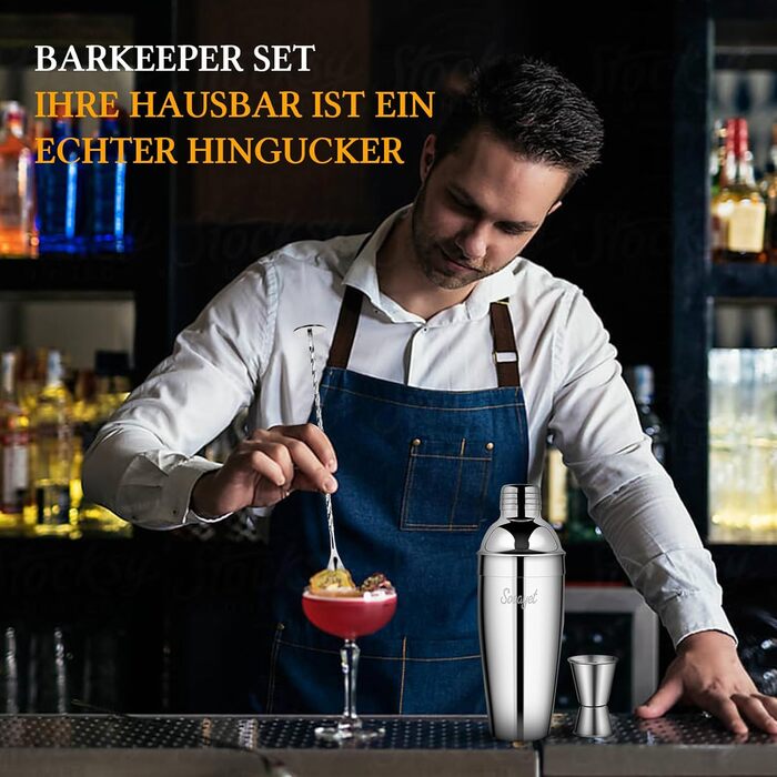 Набір шейкер для коктейлів Sosayet, нержавіюча сталь, аксесуари, рецепти, 750 мл, для початківців та професіоналів, подарунок для чоловіків (3 шт.)