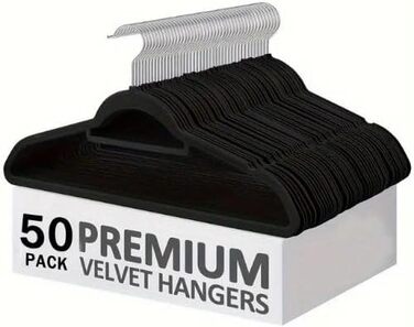 50 шт. Чорні велюрові вішалки для одягу з нековзким покриттям, для костюмів та краваток, з поворотним механізмом 360°, сріблясті
